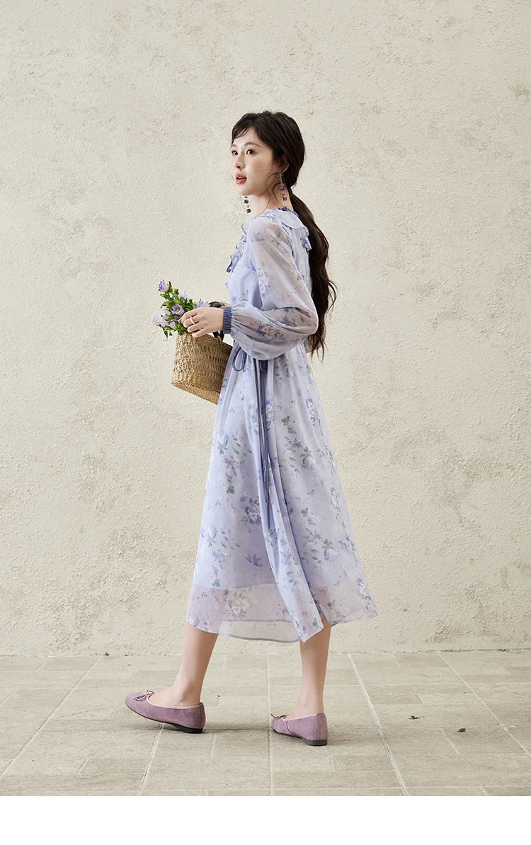 MISHOW Print Spring Summer Dress for Women New 2025 Ruffled V-neck Long Sleeve Blue French Dresses Female Fashion MXE15L2139
