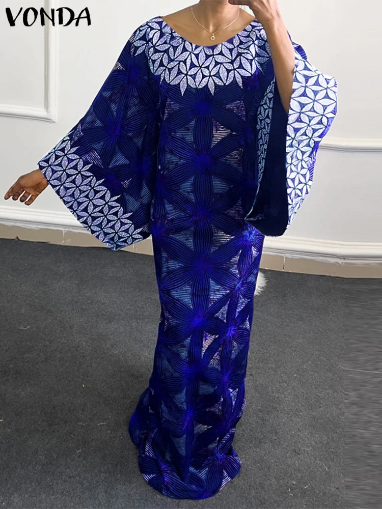 Plus Size 5XL VONDA Women Bohemian Printing Maxi Dress 2025 Vintage Sundress Casual 3/4 Sleeve Party Robe Loose O-Neck Vestidos