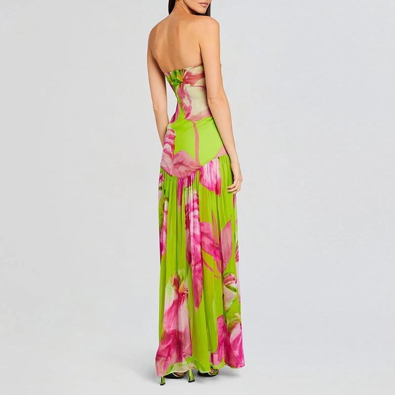 Women's Trendy Printed French Dresses Spring Sexy Strapless Split Hem Pleated Dress Summer Off Shoulder Backless Boho Long Dress