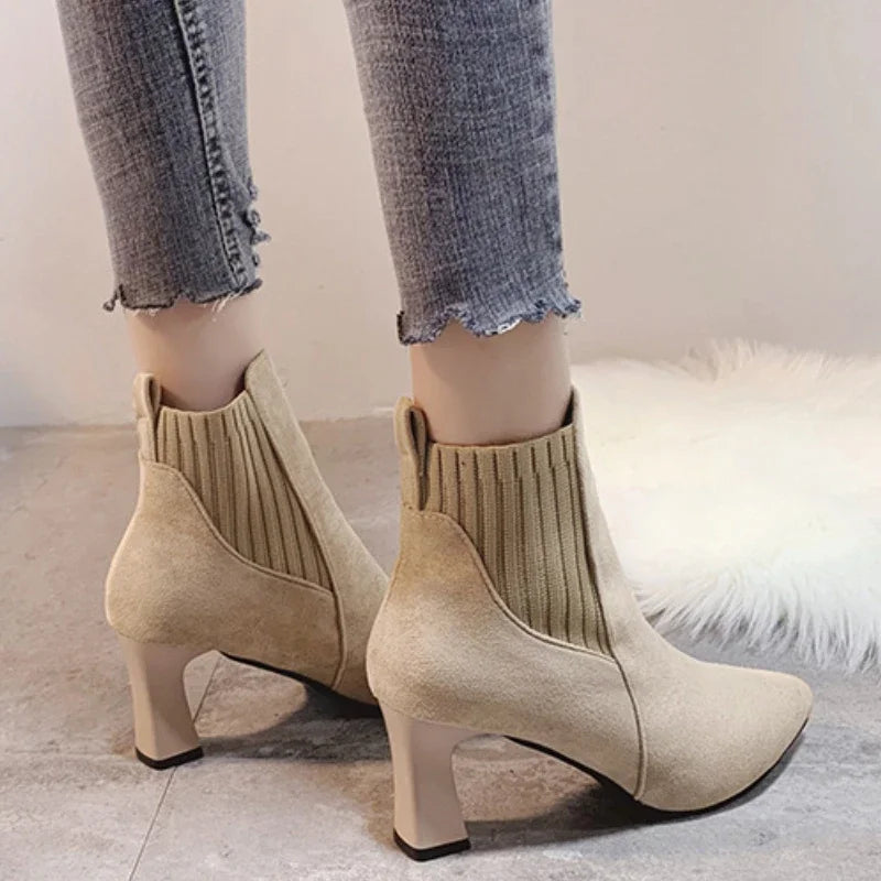 Ankle Boots Women 2024 Autumn Pointed Toe Knitted Warm Elastic Women's Shoes Casual High Heels Platform Boots Botas De Mujer