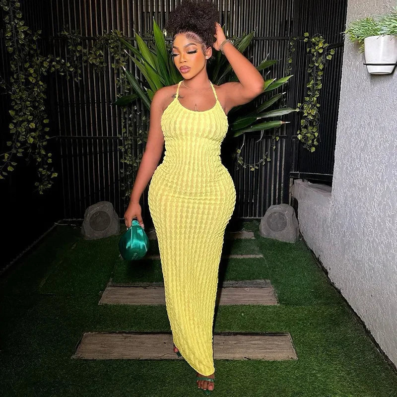 ANJAMANOR Halter Backless Maxi Summer Dresses for Women 2023 Sexy Beach Vacation Outfits Yellow Frilled Slit Long Dress D96-BH26