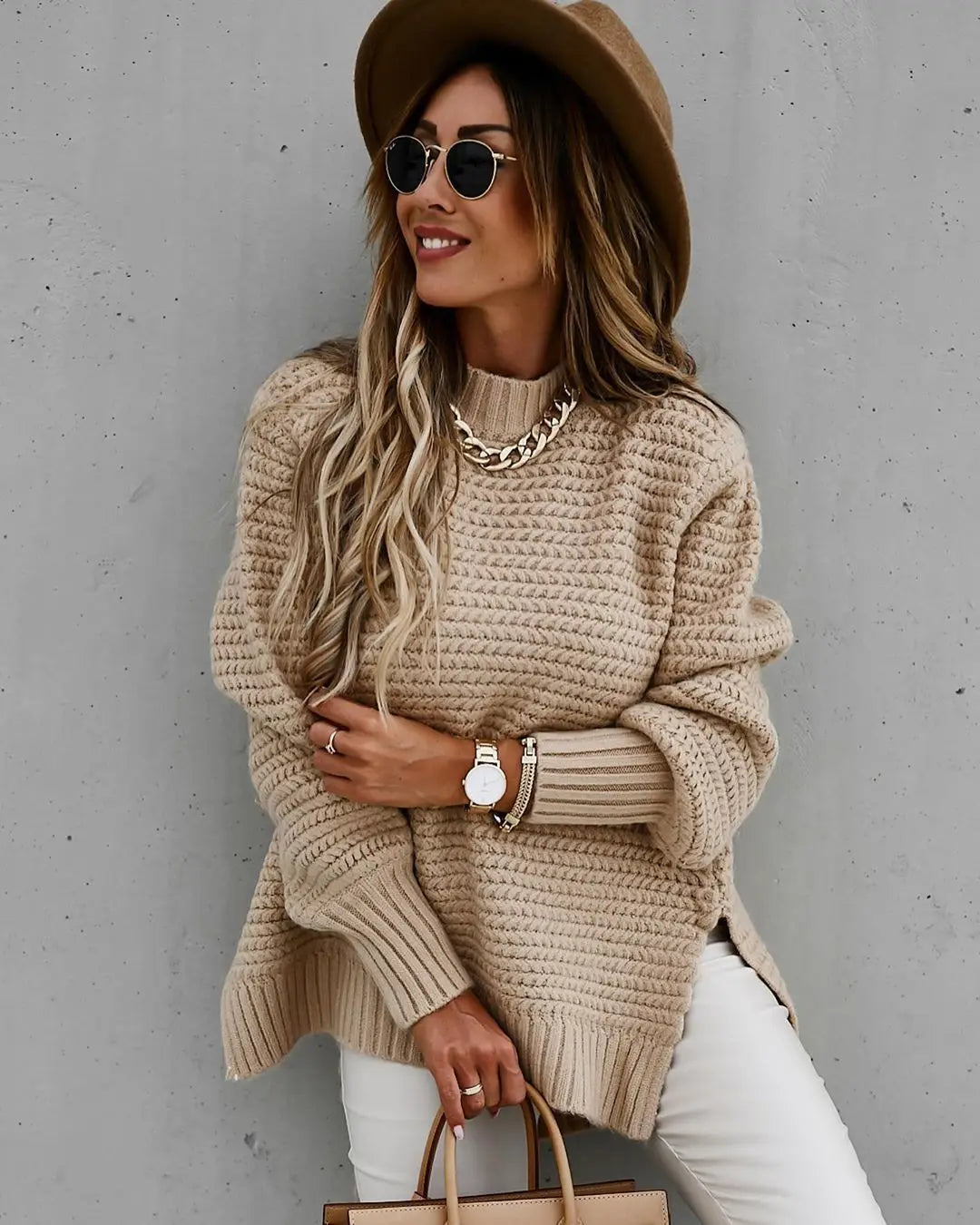 Knit Sweaters Women Half High Collar Full Sleeve Thick Splice Jumpers Solid Casual Split Pullovers Office Lady Elegant 2024