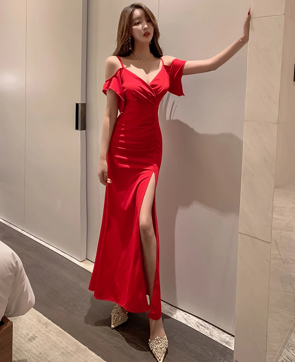 Spring Women Red Evening Party Dresses Short Sleeve V Neck Fit And Flare Long Maxi Summer Dress Lady Prom Gown Robe Longue Femme