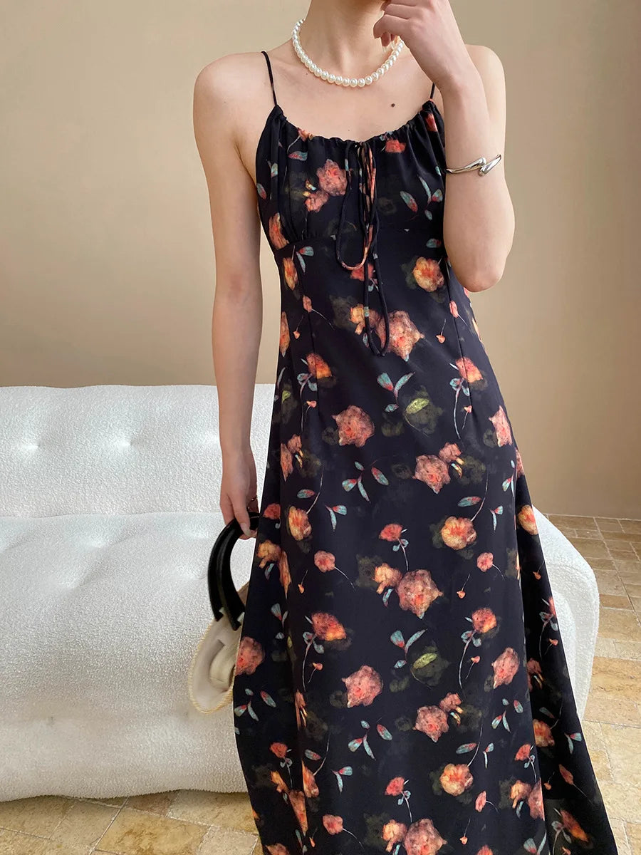 Spring and summer women's casual flower print slim fit suspender dress