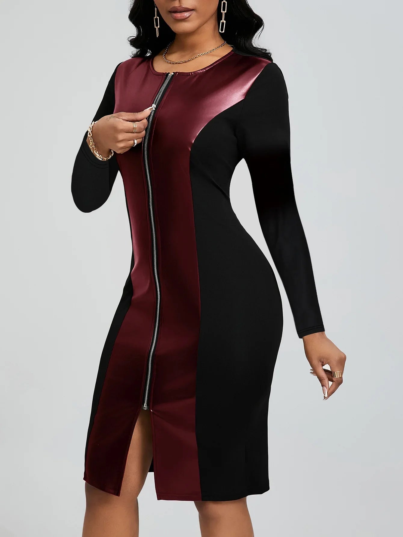 Plus Size Elegant Zipper PU Leather V-Neck Midi Long Sleeve Bodycon Dress Women's plus Size Dress Fashionable Cross-Border Gown