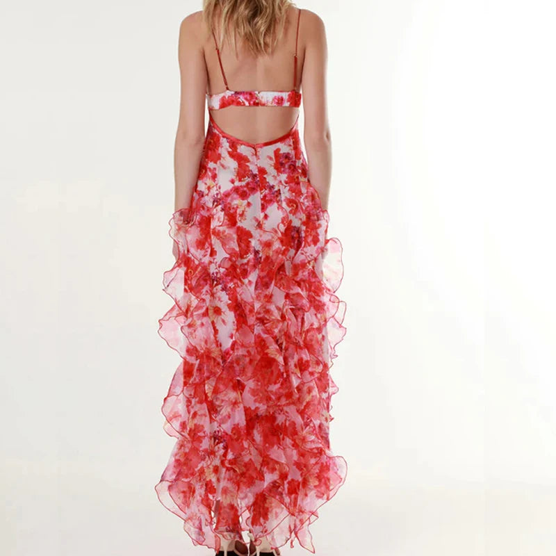 Spring Summer Floral Print Slim Chiffon Dress Female Fashion V Neck Ruffle Long Dress Elegant Sleeveless Party Dresses Vestidos