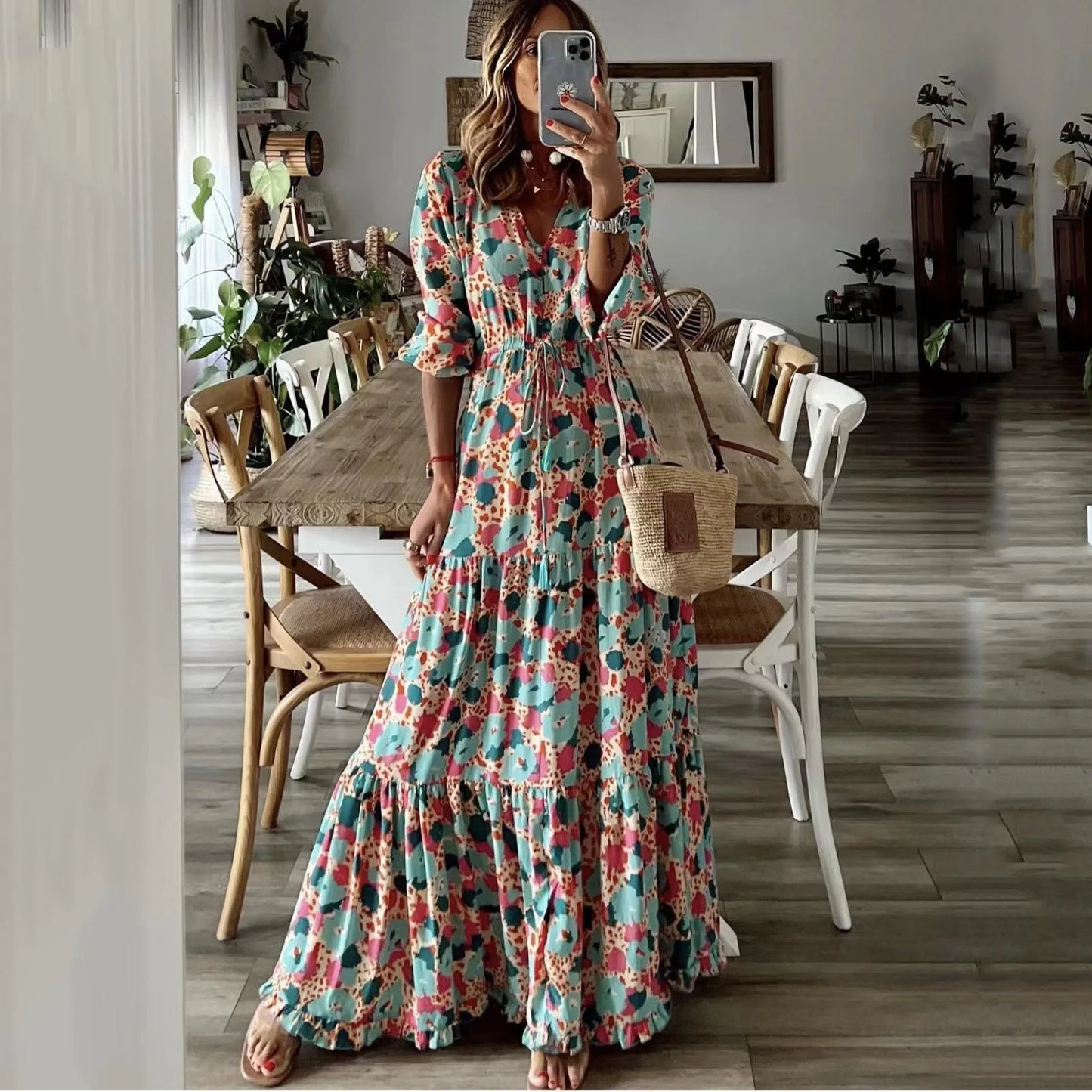 Spring Autumn Flower Print Long Dresses For Women Casual Holiday A-line Beach Dress Fashion Elegant Bohemian Style Maxi Vestidos