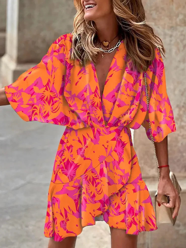 spring Irregular Mini Dress For Women Fashion Print Casual Bohemia Style Vacation Sundress Women's Bat Sleeve Ruffles Dresses