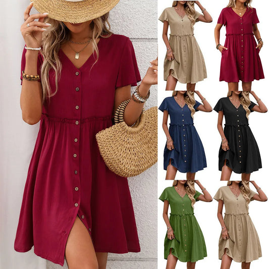 Spring Summer Button Down Dress Flutter Sleeve Cotton Linen A Line Dress With Pockets Beach Summer Knee Length Dresses For Women