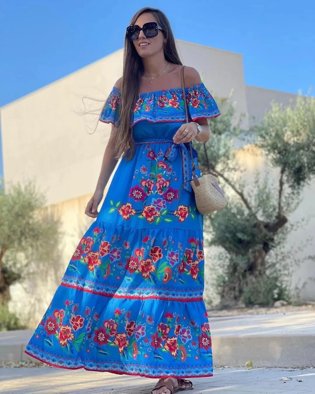 2024 Spring Summer Women's New Sexy One Shoulder Off Shoulder Fashion Red Flower Printed Lace Up Waist Long Swing Dress