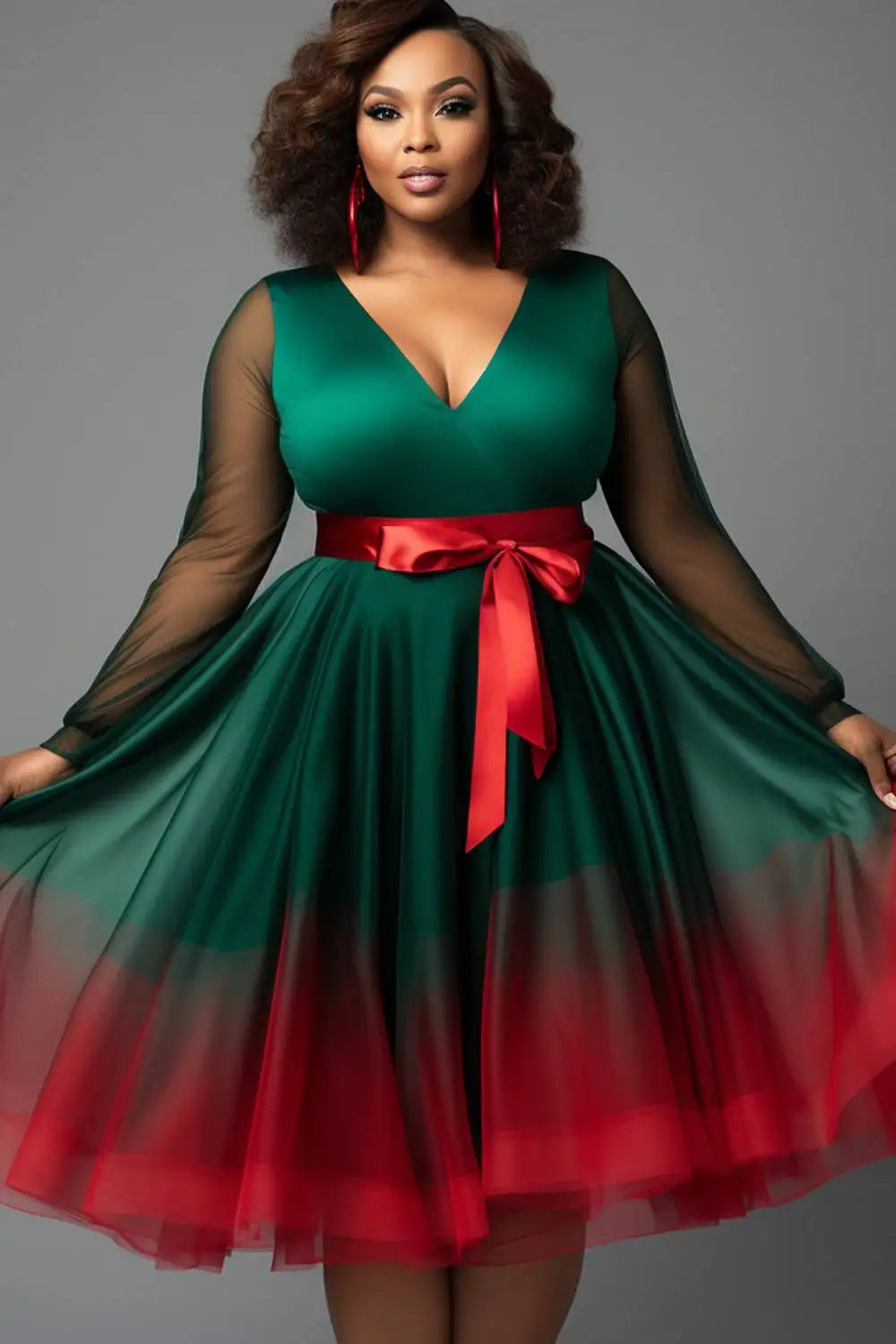 Plus Size Christmas Emerald Green Gradient V Neck Lantern Sleeve Long Sleeve See Through Wrap Tulle Mini Dresses