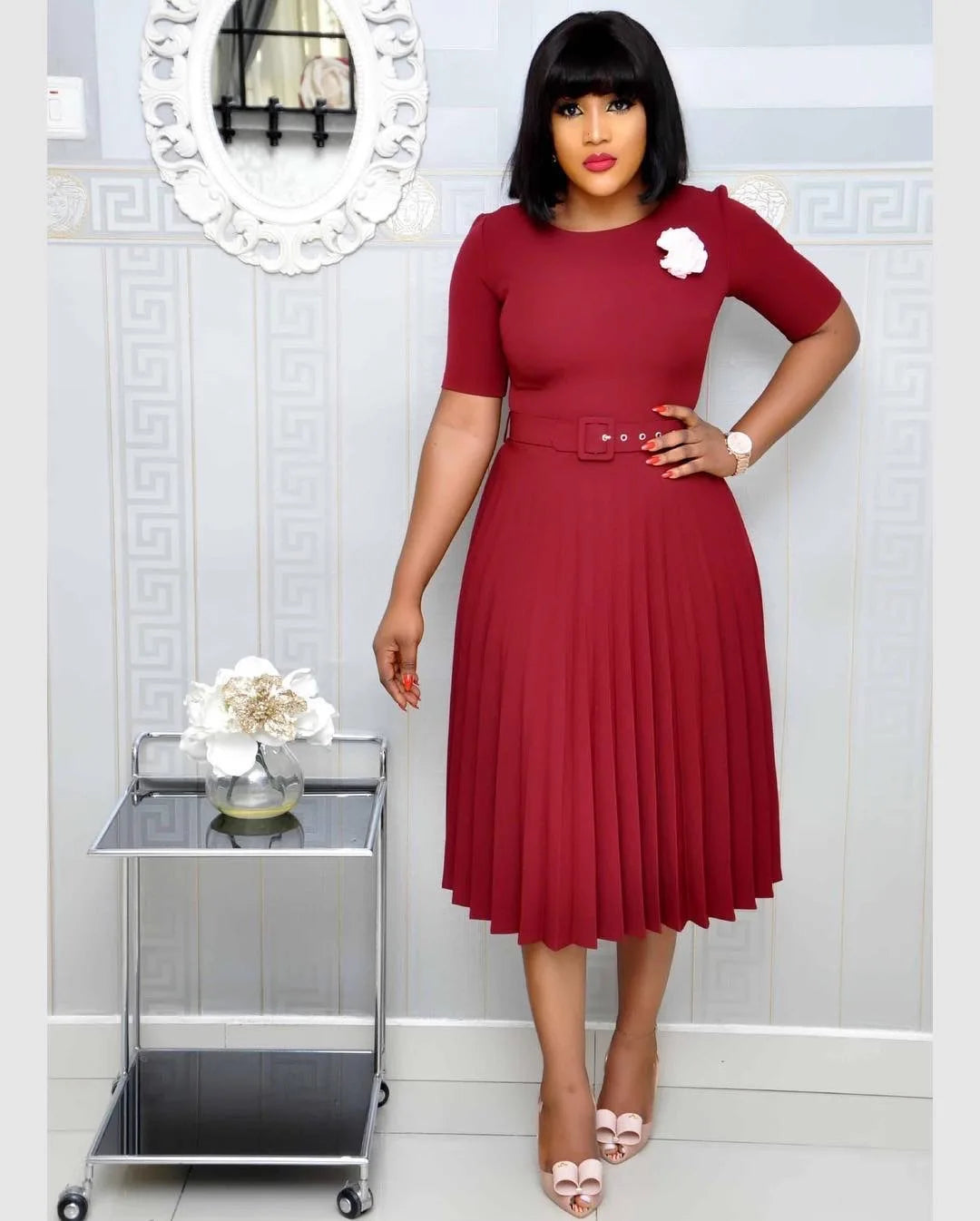 Summer Plus Size Pleated S-5Xl Dress Ladies O-Neck Short Sleeve Solid With Belt Mid-Calf Office Lady Elegant Dresses For Women