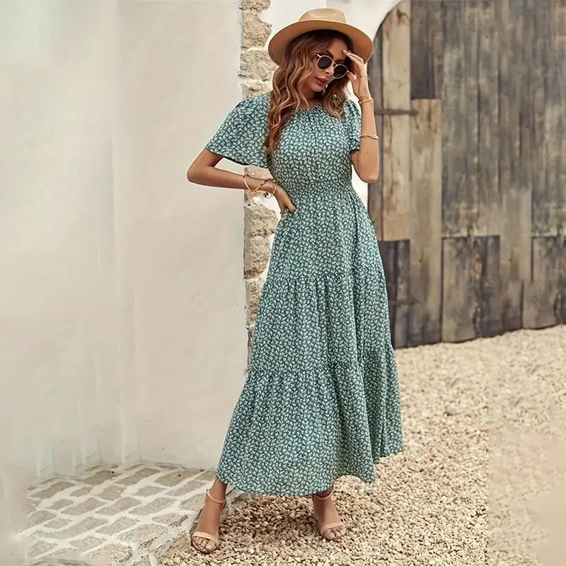 Spring Summer Tierred Dress Women Midi Dresses Female Short Sleeve Elastic Waist Printed Floral Pleated Backless Casual Dress