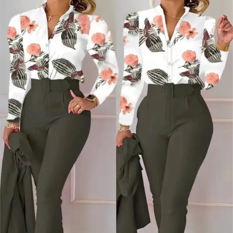 Women's Elegant Autumn/Winter Printed V-Neck Long Sleeve Button Shirt Top Fashion Solid Color Long Pants 2 Piece Set With Belt