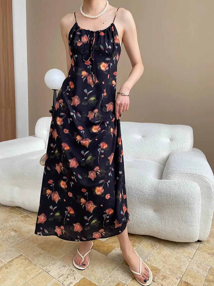 Spring and summer women's casual flower print slim fit suspender dress
