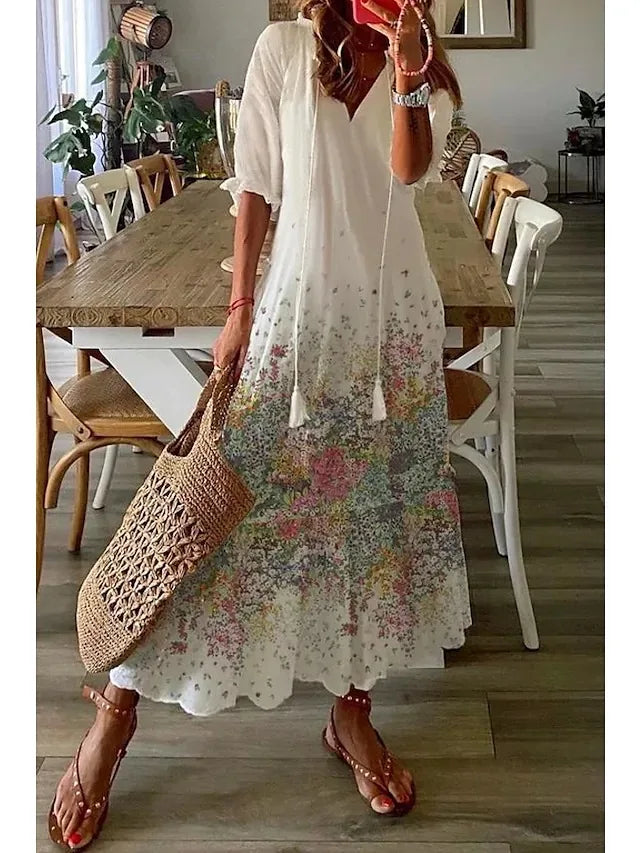 New Women's Spring Summer Dress Sexy V-neck Drawstring Printed Long-sleeved Dress Casual Loose Fashion Elegant Fresh Sweet Dress
