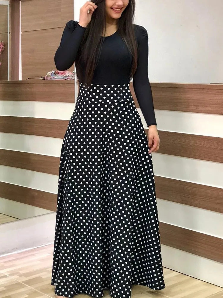 Autumn hot selling European and American flower color matching dresses, long dresses, women's clothing in stock