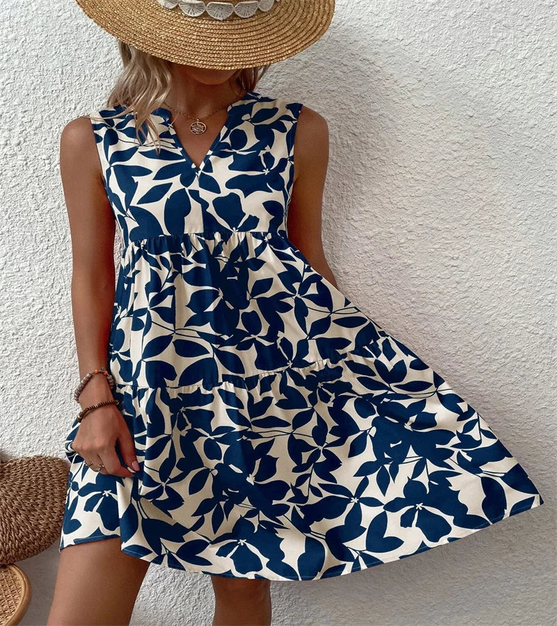 Spring and summer 2024 European and n Ladies Elegant Dress Bohemian fashion loose V-neck ruffle print dress