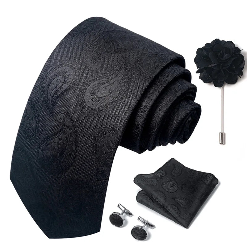 Luxury Mens Ties Floral Black Gold Ties Paisley NeckTie Pocket Square Cufflinks Brooch Set Men's Wedding Party Tie