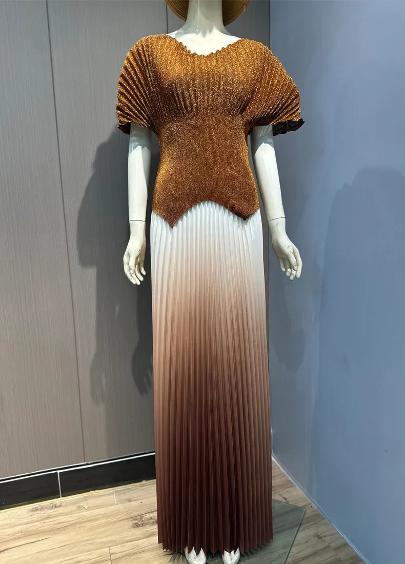 ANLAN Pleated 2 Pieces Set Women Fashion V Neck Short Batwing Sleeves Irregular Hem T-shirt&New Gradient A-line Folds Long Skirt