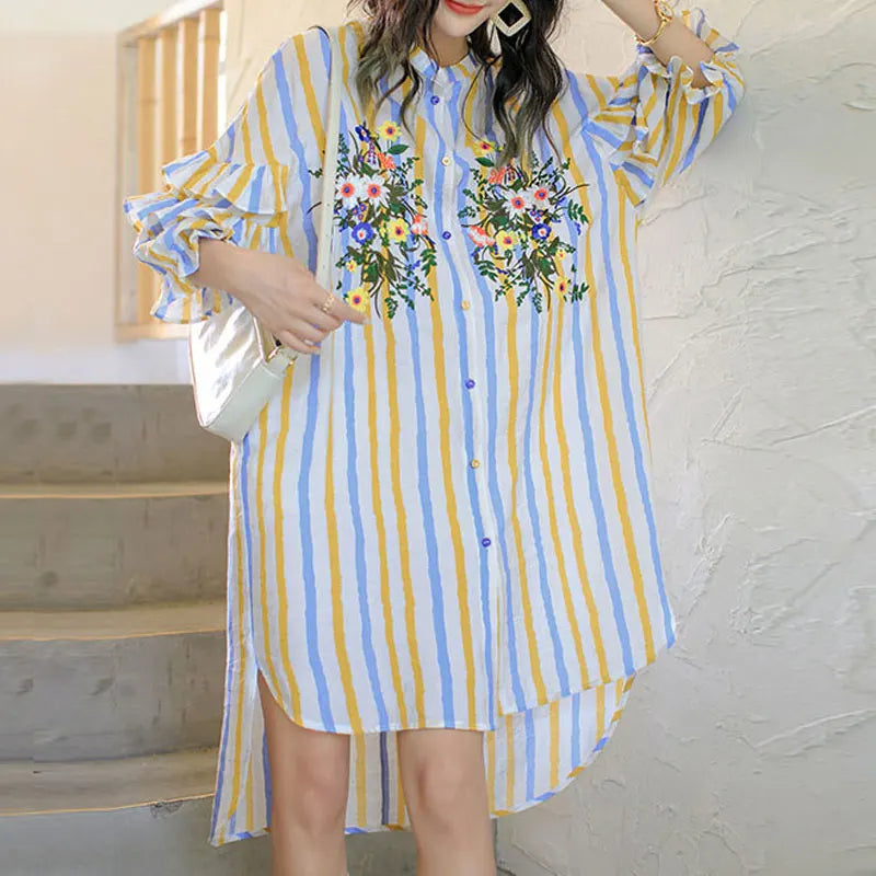 Spring Summer Floral Embroidery Dresses Contrasting Colors Striped Female Single-breasted Ruffles Spliced Straight Midi Dress
