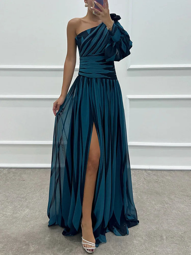 Spring Summer One Off Shoulder Fashion Party Dress, Women Printing Skew Collar Slim Maxi Dress, Long Sleeve Elegant Ladies Dress