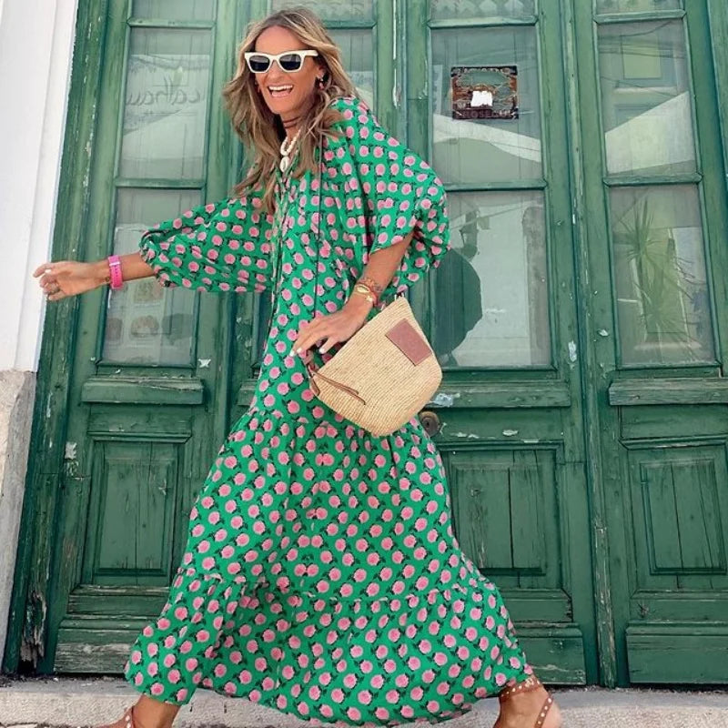Spring Summer Loose Maxi Dresses Bohemian Floral Print Puff Sleeve V-Neck 2025 New Beach Dress Bodycon Casual Boho Vestidos Robe