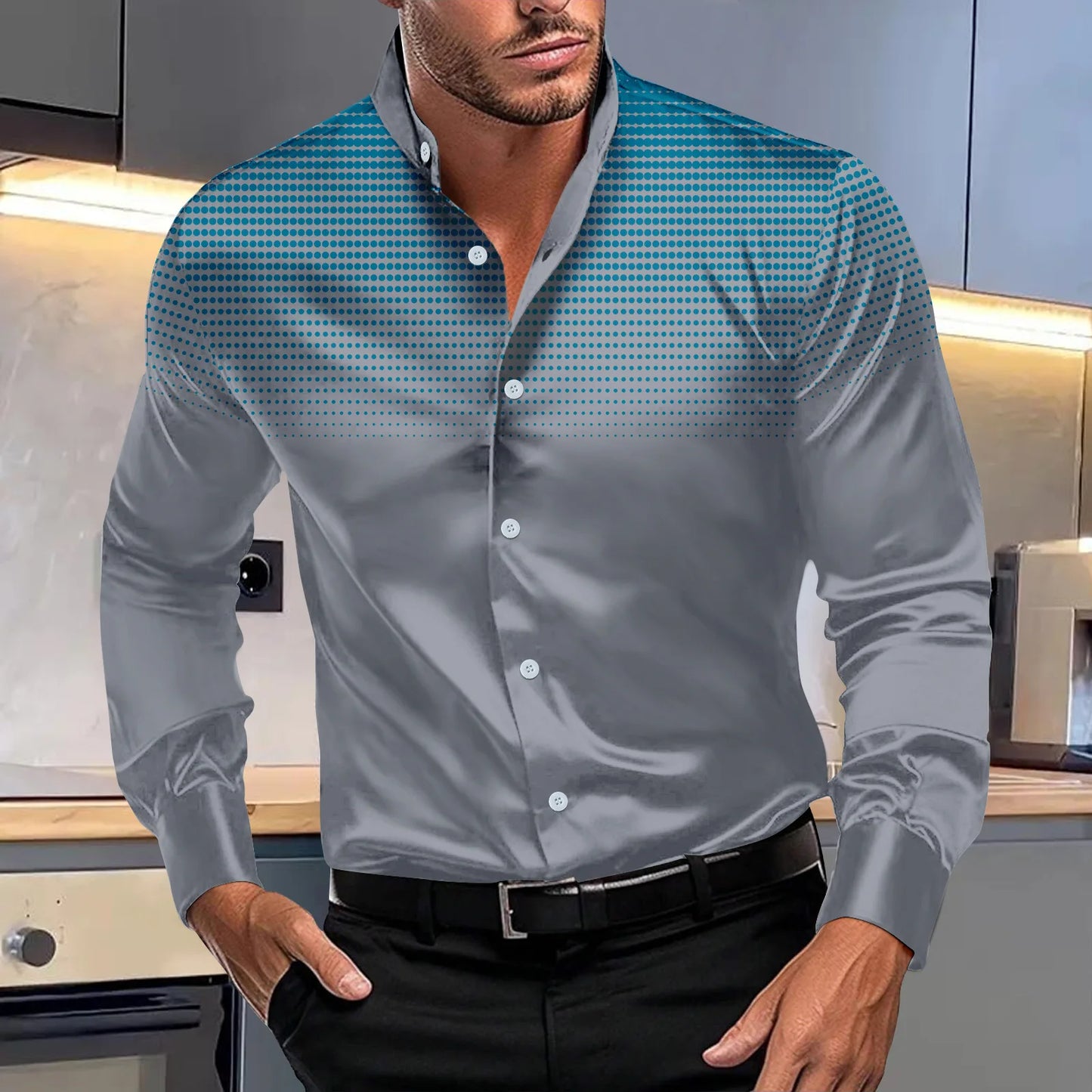 Spring autumn men's fashion evening dress four round polka dot printed long-sleeved shirt stand collar gradient top