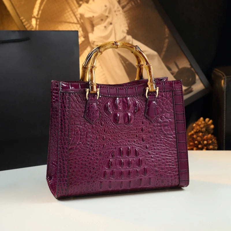Crocodile Pattern Leather Women's Handbags Bamboo Handle Portable Tote Bag Mom Tide Shoulder Messenger Bags 2025 New Fashion