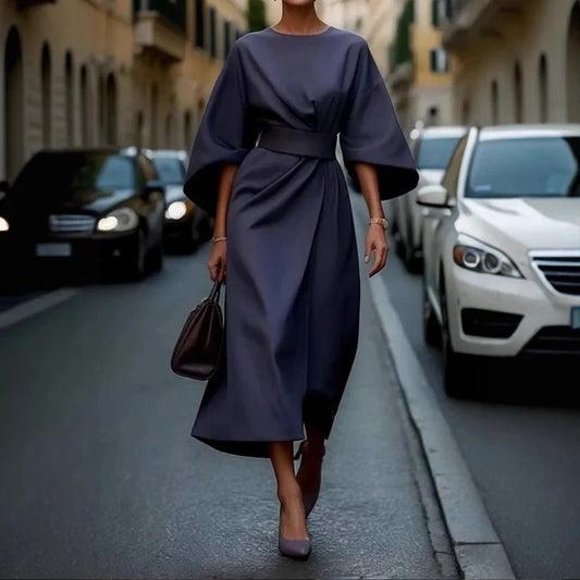 Spring Fashion Solid Color Dress Women Sexy Round Neck Bat Sleeve High Waist Dress Elegant Commuting Dresses for Women Summer