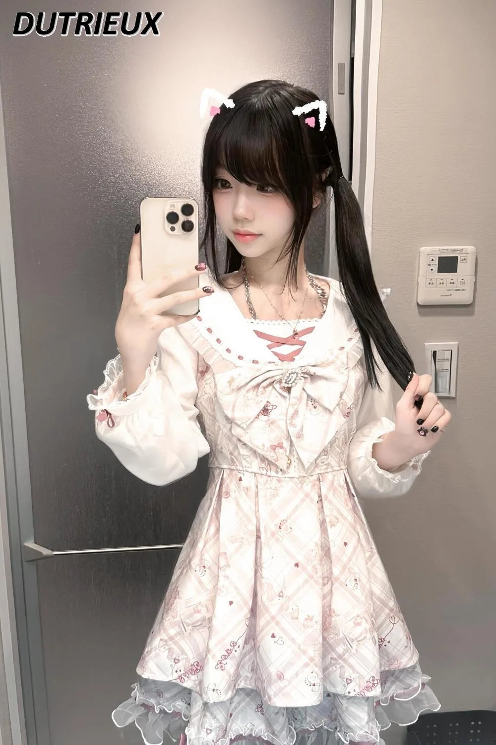 Spring Summer Pink Cute Casual Long Sleece Dresses for Women Bow Printed Bear Navy Collar Princess Dress Waist Pleated