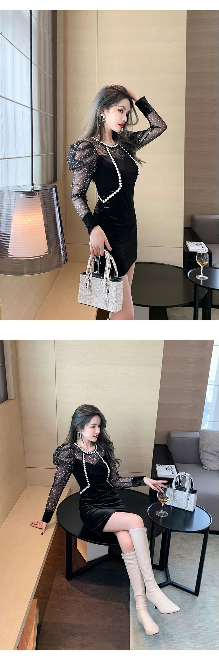 Spring Women Mini Dress French Court Retro Black Mesh Patcchwork Appliques Flower Puff Long Sleeve Bag Hip Vestidos Para Mujer