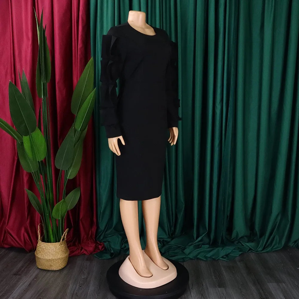 Elegant Office Dresses for Woman 2024 New O Neck Petal Sleeve Sheath Package Hips Mid Calf Formal Business Work Wear Dress Midi