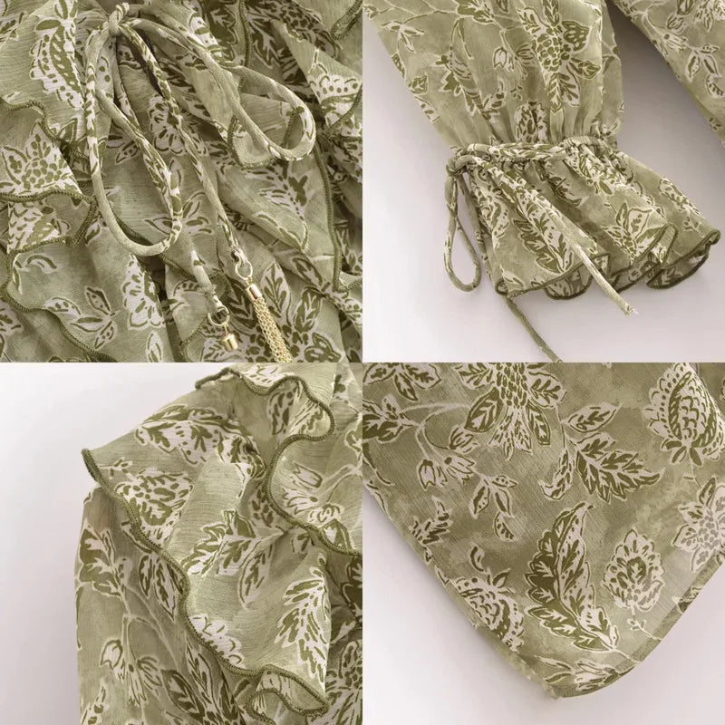 2025 New Spring Womens Dress Flower Printed Long Dresses For Women Long Sleeve Belt Midi Dress Ladies Elegant Party Dresses