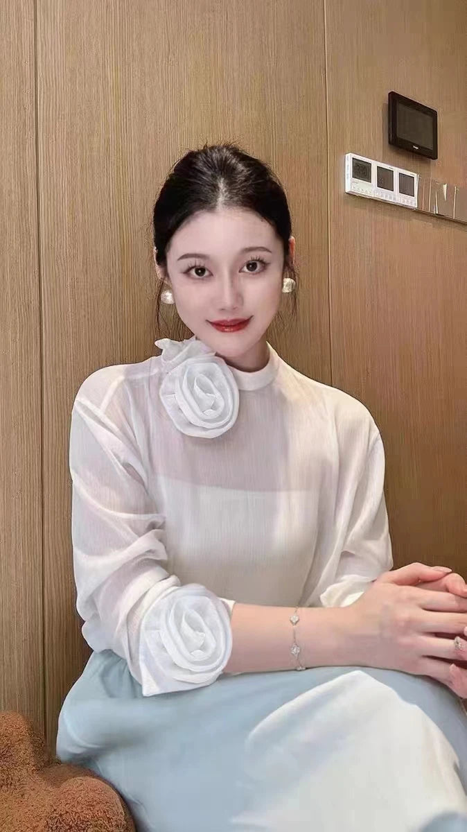 Spring Summer 2024 New Top For Women Two Pieces Design Three-dimensional Flowers Transparent Thin Chiffon Shirt Long Sleeve 4390