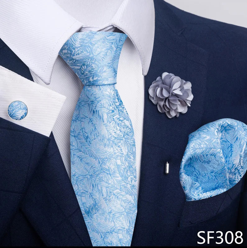Luxury Mens Ties Floral Black Gold Ties Paisley NeckTie Pocket Square Cufflinks Brooch Set Men's Wedding Party Tie