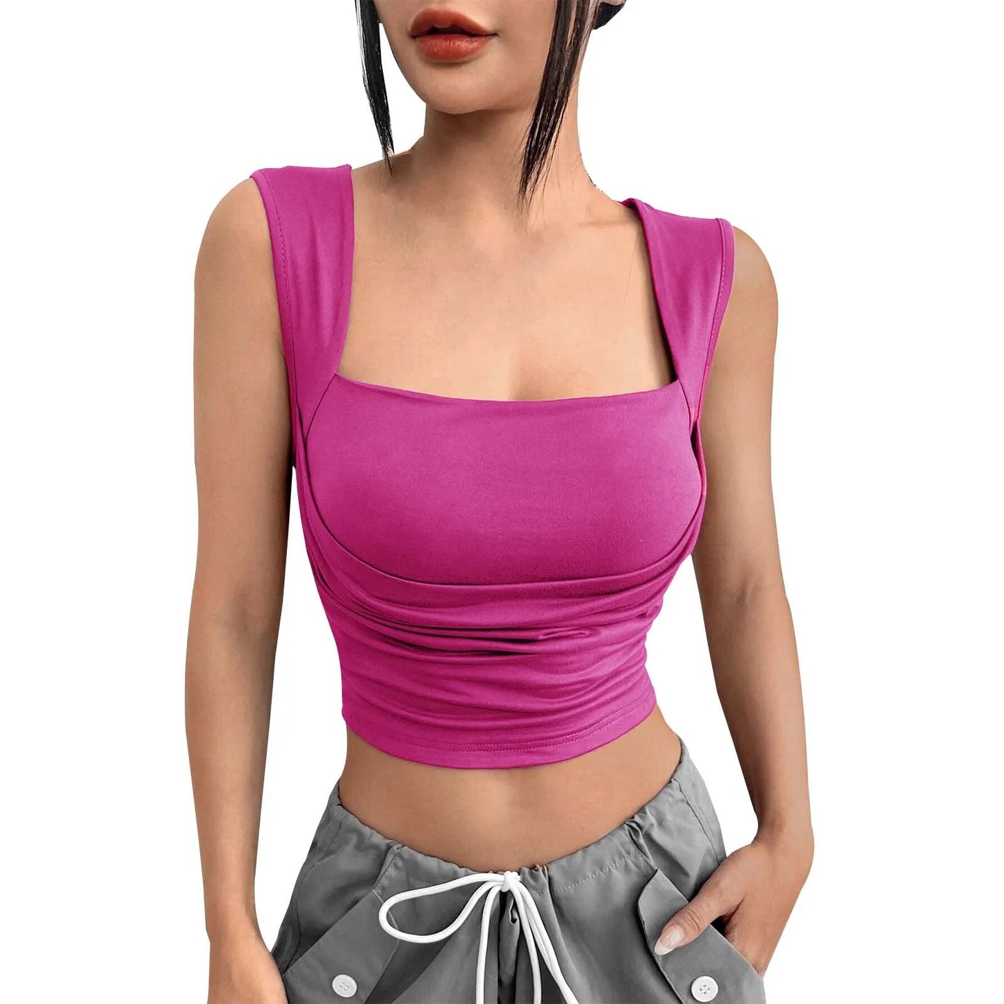 Korean Fashion Tank Crop Tops Women's Slim Fit Short Sexy Blouse Solid Square Neck Push Up Camisole Streetwear Y2k Tops футболка