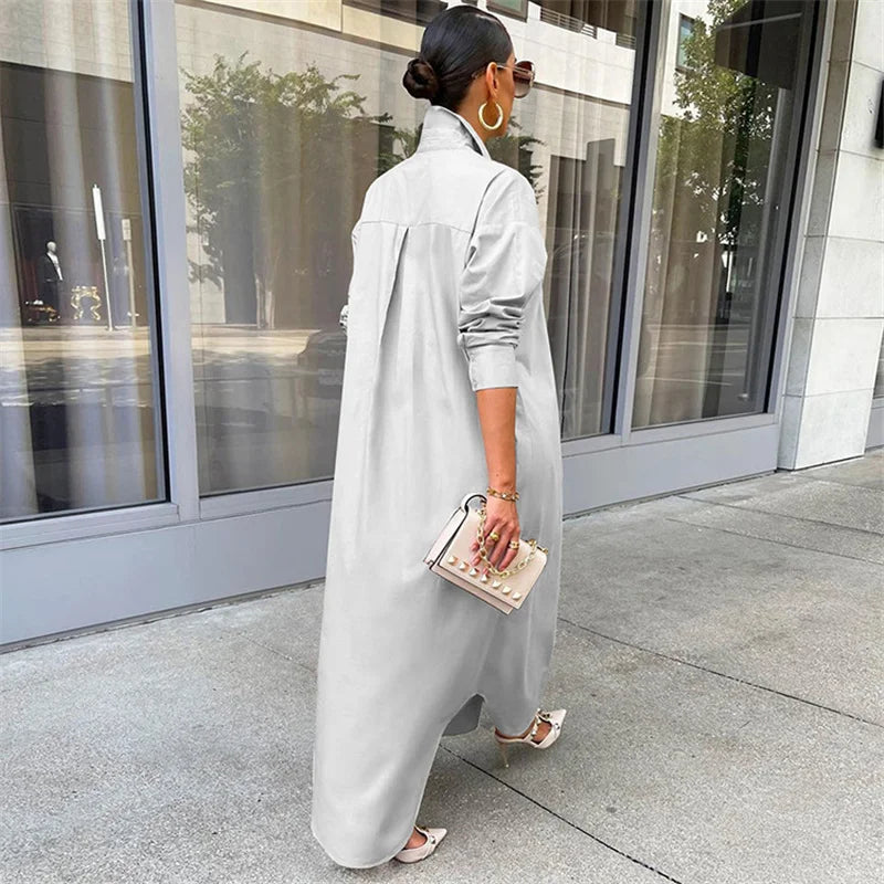 Spring Summer Long Sleeve Shirt Dress Women Turn-down Collar Button Up Straight Maxi Dress Loose Casual Long Dresses Vestidos