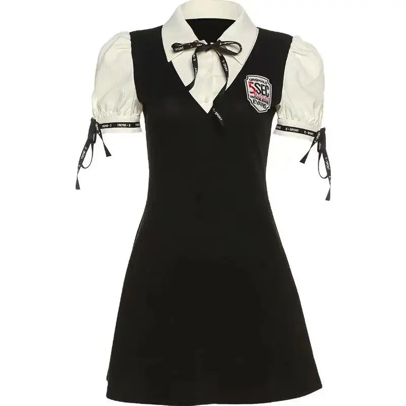 Spring Summer Fashion Fake Two Pieces Dresses Women High Street Turn-down Collar Long Sleeve Dress Elegant Button Bow Vestidos