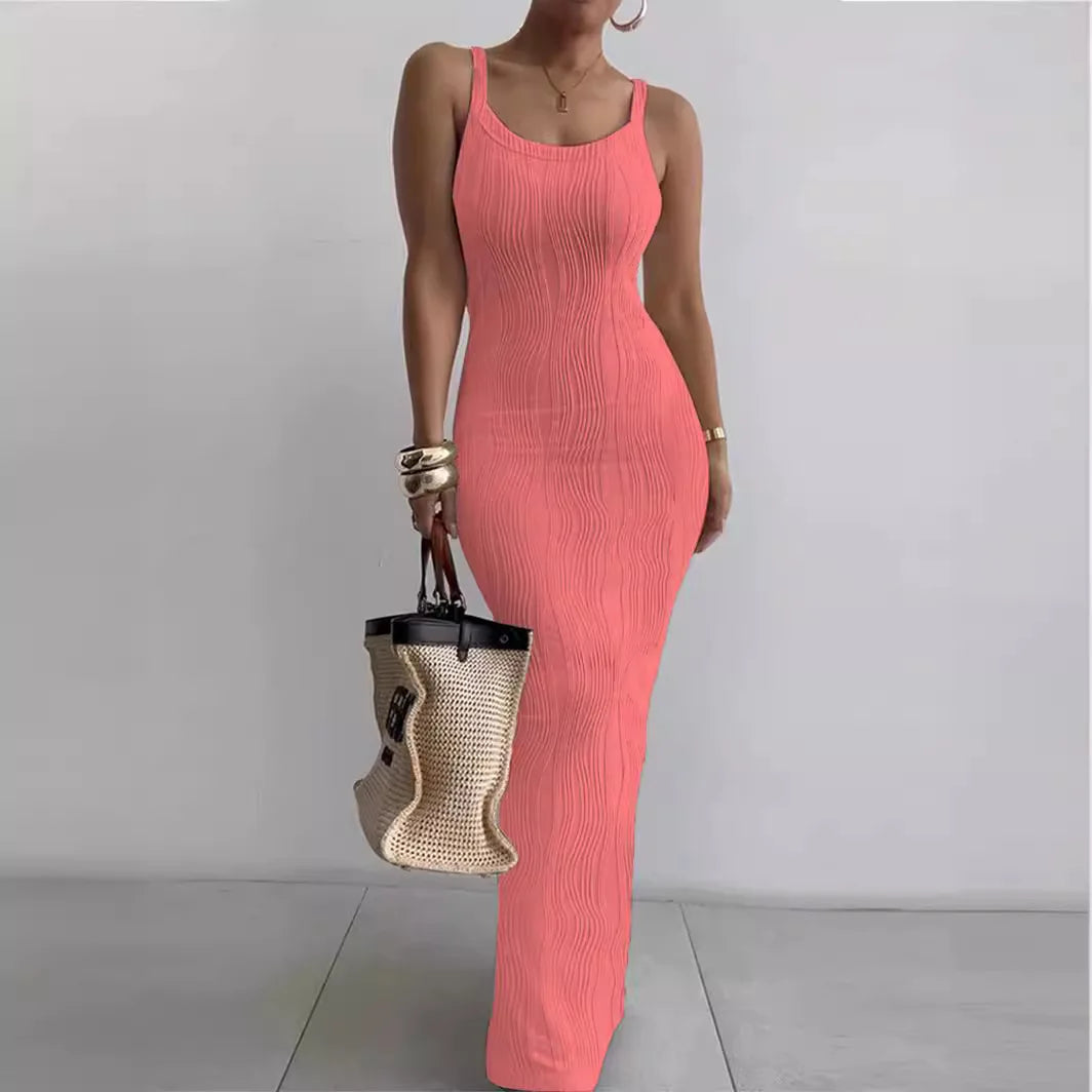 Mandylandy Tight Sexy Bodycon Dress Women Summer Slim Fits High Waist Camis Sleeveless Dress High Waist Skinny Long Dresses