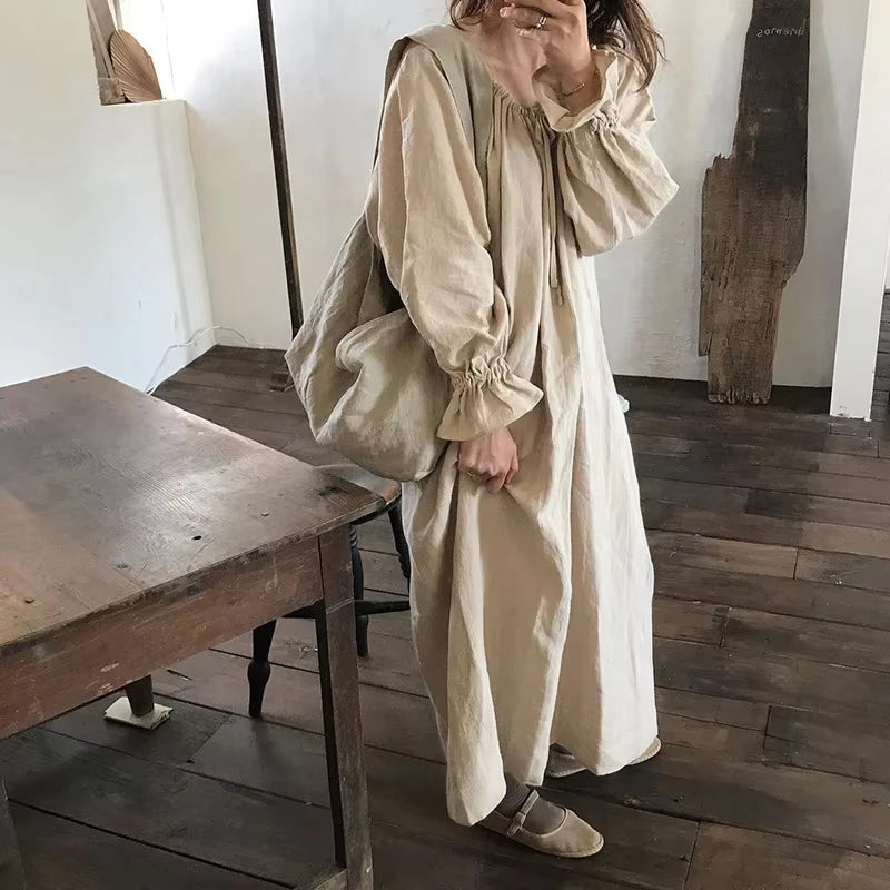 2025 New Spring Cotton Linen Dress for Women Solid Long Sleeve Drawstring Office Lady Elegant Maxi Dress