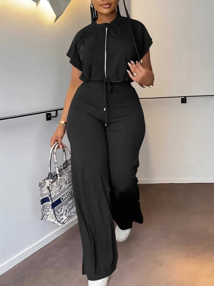 Women Casual Round Neck Drawstring Short Sleeve Top & High Waist Pants Set Summer Solid Two Piece Suit Sets Outfits Set Female