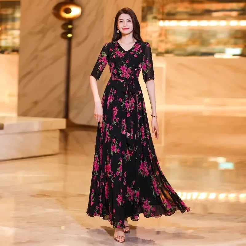 Womens Dresses Fashion Summer Dresses 2024 Summer Senior red Print Dress Long Loose Temperament Waist Loose Big Swing Dress