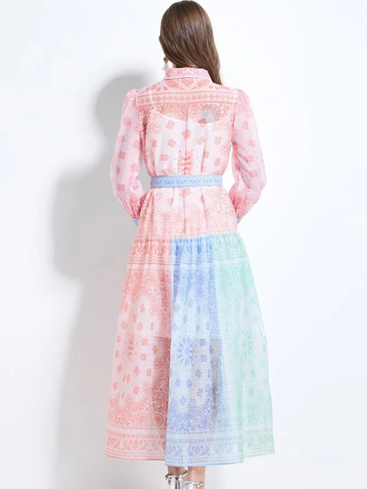Spring Summer 2025 New Women Fashion Rainbow Print Elegant Shirt Long Dresses Vintage Single Breasted Party Dress Bohemian Trend
