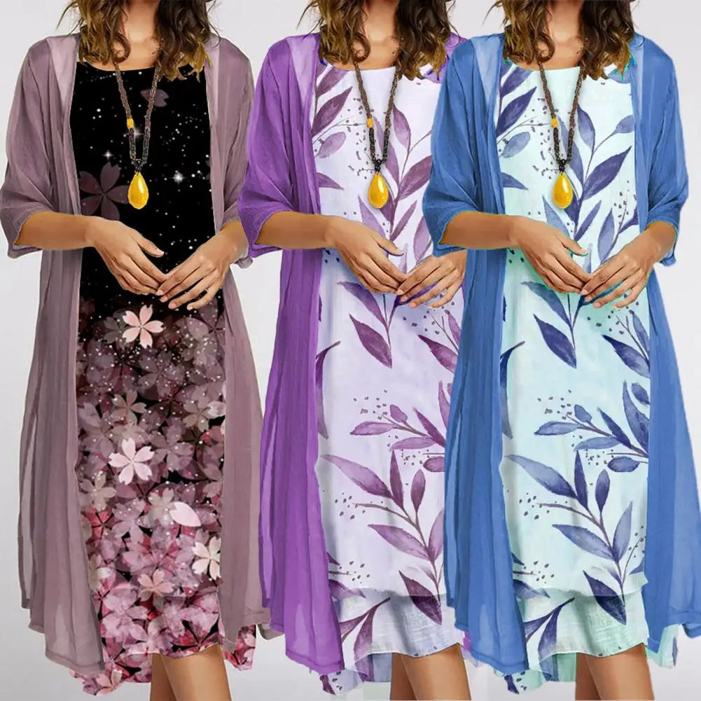 Female 1 Set Stylish Vintage Round Neck Dress Two-Piece Ladies Dress Set Floral Print for Party