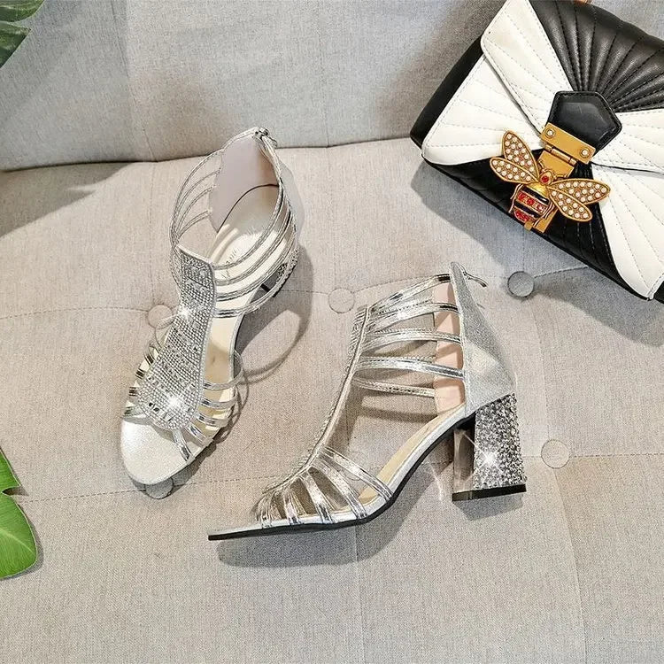 Silver Gold Sandals Peep Toe Chunky Heels New Women Wedding Shoes Ankle Boots Sandal Open Toe High Heels Dress Gold Bling Pump