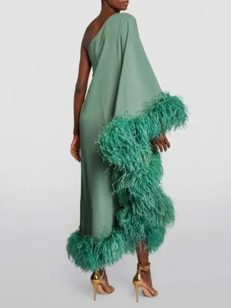 New Spring/Summer New Women's Feather One Shoulder Large Swing Evening Dress