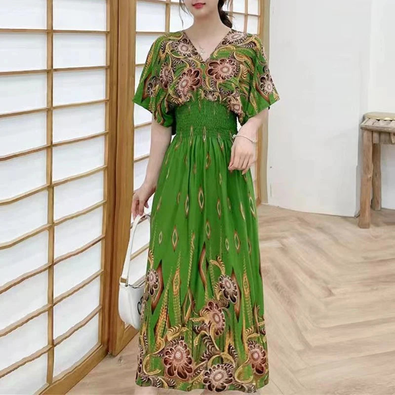 Spring New In Women's Dress V-Neck Short Sleeve Dress Elegant Sweet Print Dress Casual Retro Boho Elastic Waist A-Line Dress