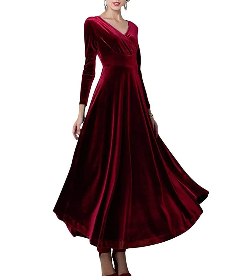 Autumn New 2023 Long Dress Cocktail Party Evening Elegant V Neck Velvet Formal Robe Gown Maxi Dress For Women Clothing Vestidos
