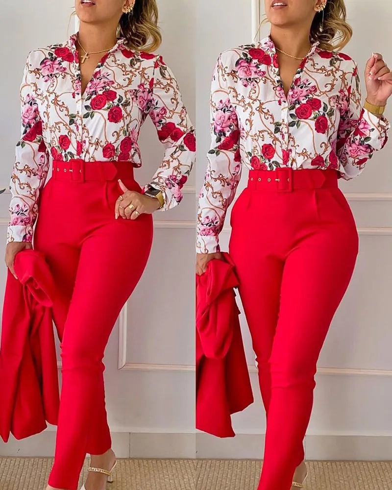 Women's Elegant Autumn/Winter Printed V-Neck Long Sleeve Button Shirt Top Fashion Solid Color Long Pants 2 Piece Set With Belt
